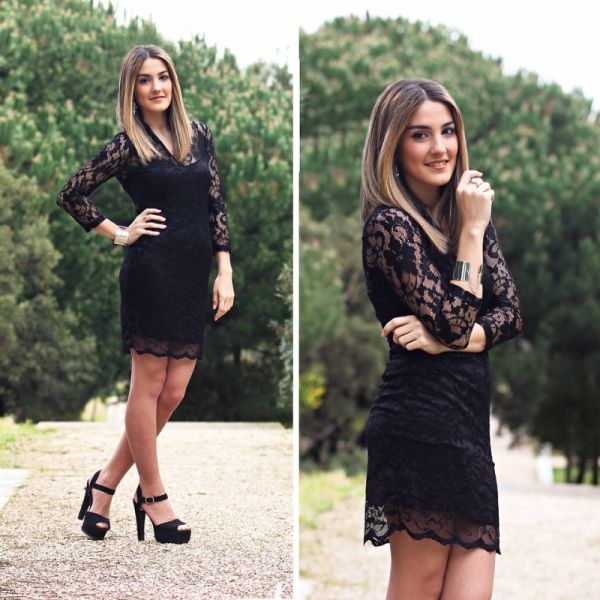 Lace V-Neck mangas 3/4 Vestido (MF04)